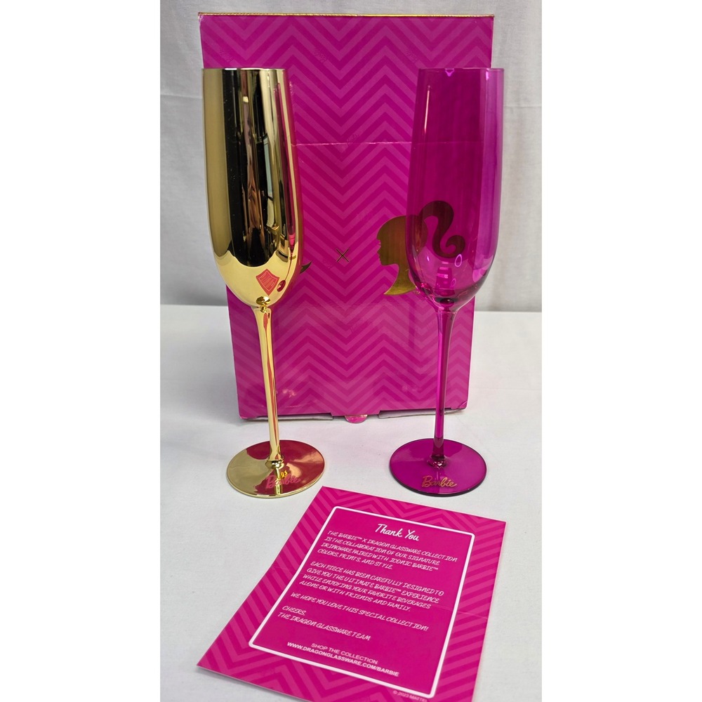 Barbie x Dragon Glassware Champagne Flutes Set of 2 Gold and Pink LimitedEdition